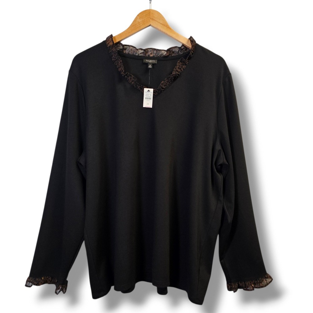 Talbots Top 2X Womens Black Leopard Trim Ruffle V-Neck Long Sleeve Knit Fall NEW
